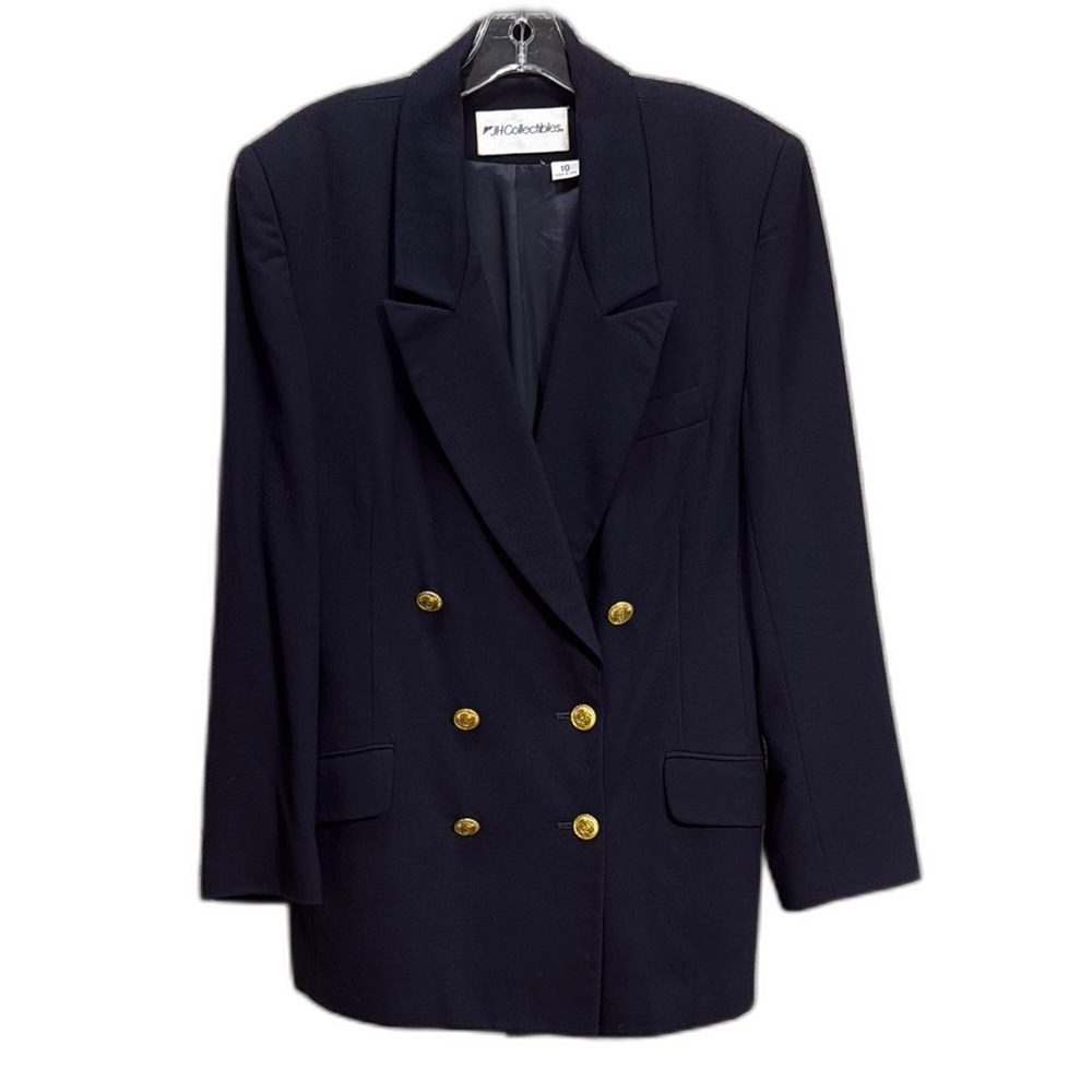 Vintage Navy w Gold Button double breasted Long Blazer SZ 10 Classic Preppy‎ EUC